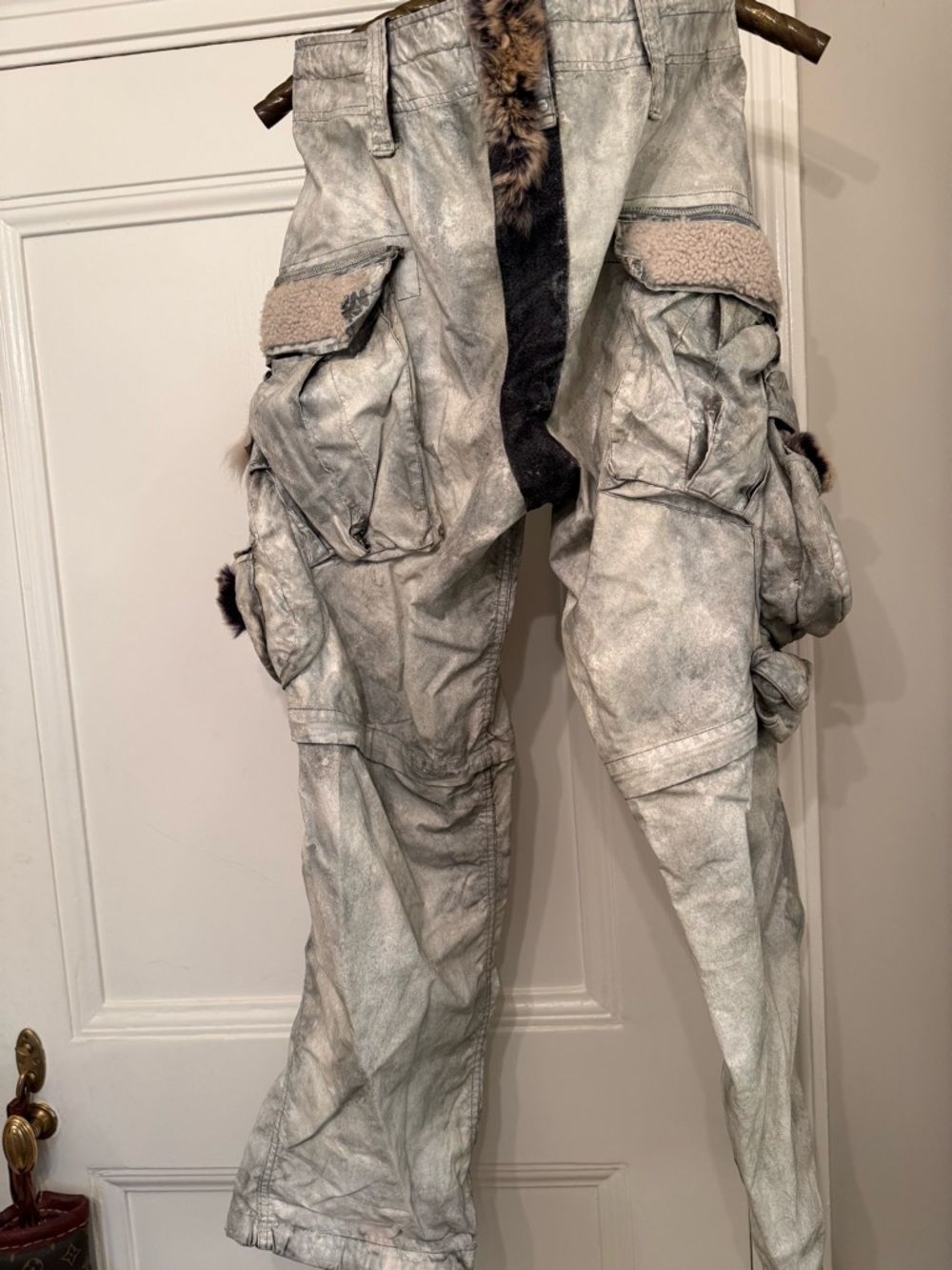Silver and white cargo pants from Japan